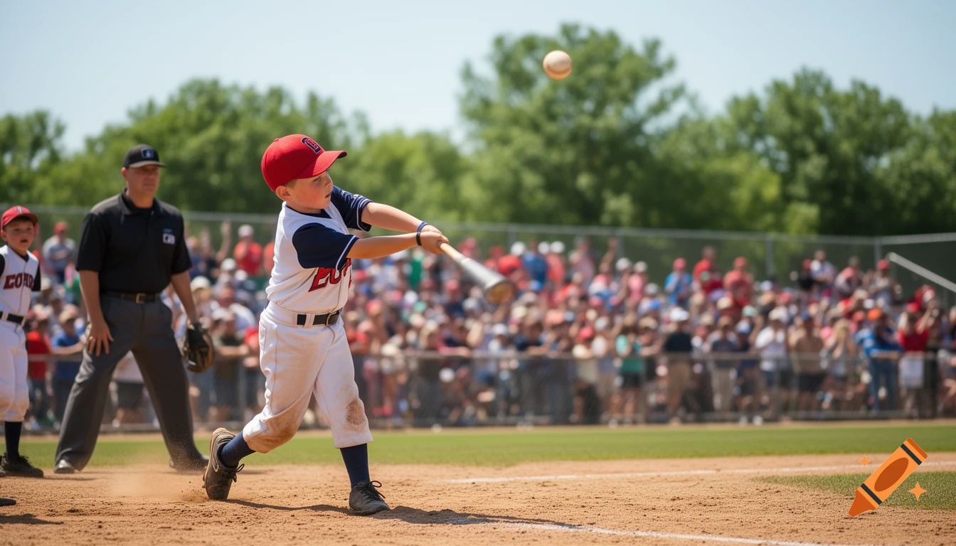 A young boy in a white and blue baseball uniform swings a bat, hitting a baseball during a sunny little league game.