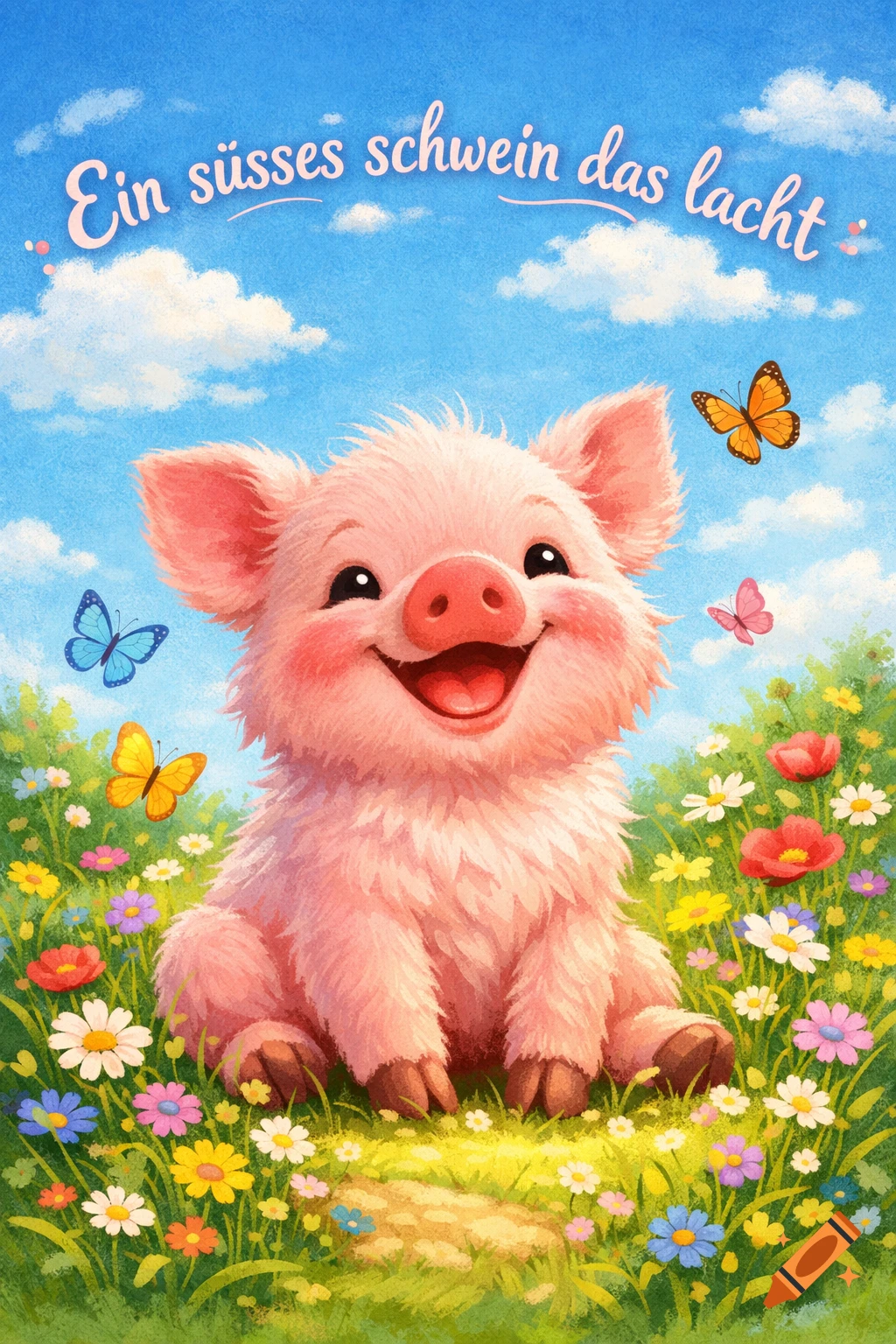 A cheerful, cartoonish pink pig laughs in a vibrant field of colorful flowers and butterflies under a blue sky, with German text.