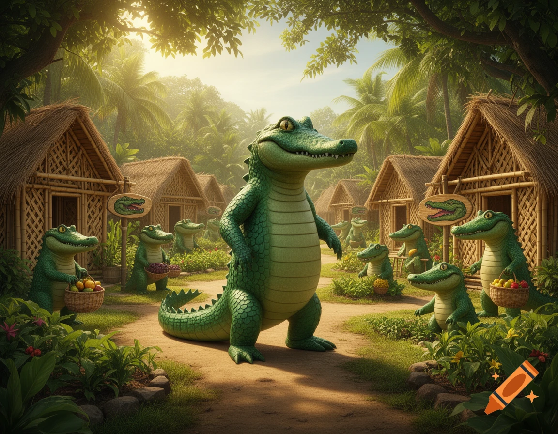 A large bipedal crocodile stands in the foreground of a lush jungle village, surrounded by smaller crocodiles carrying fruit baskets in a whimsical illustration.