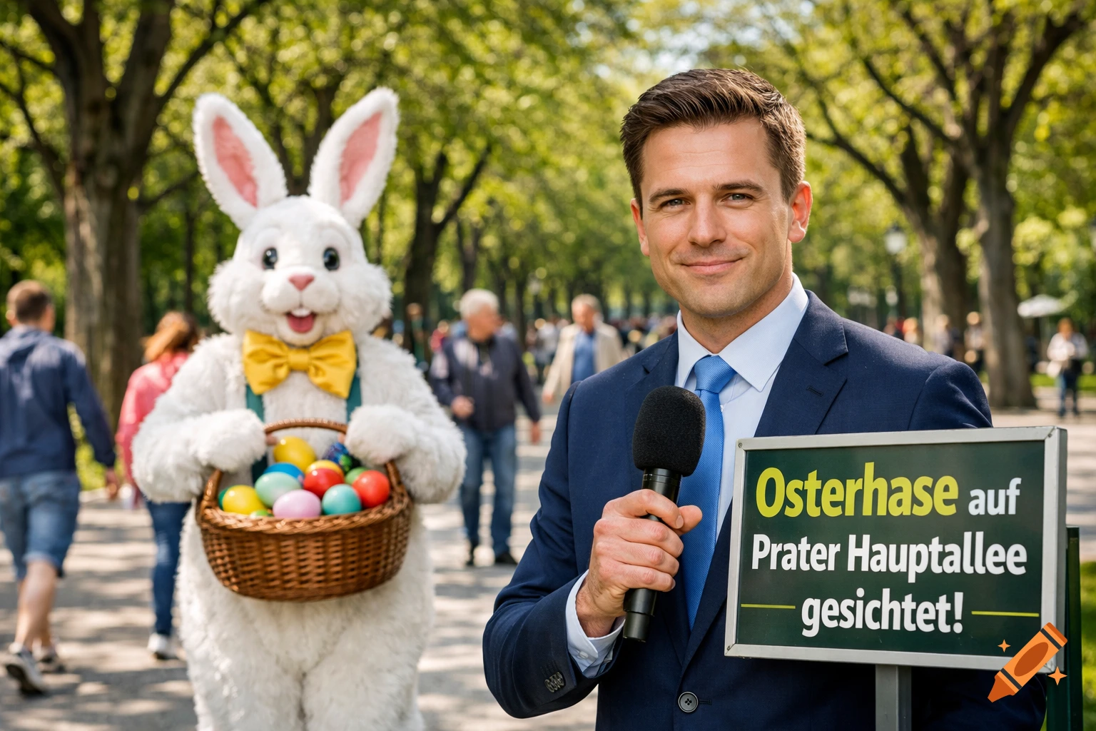 A news reporter holds a microphone and a sign next to an Easter Bunny mascot with a basket of colorful eggs in a park.