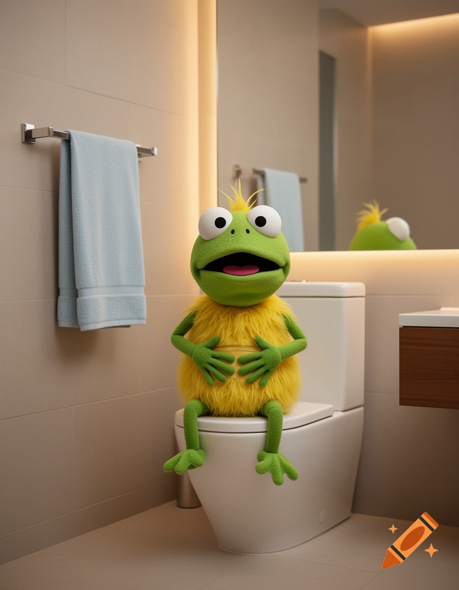 A green and yellow muppet frog with big eyes sits on a toilet in a modern bathroom, appearing surprised.