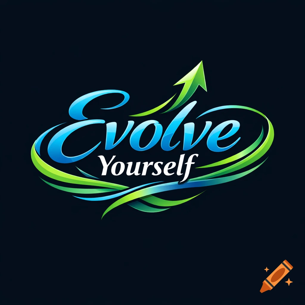 A shiny blue and green logo featuring the text 'Evolve Yourself' with a dynamic upward-pointing green arrow.