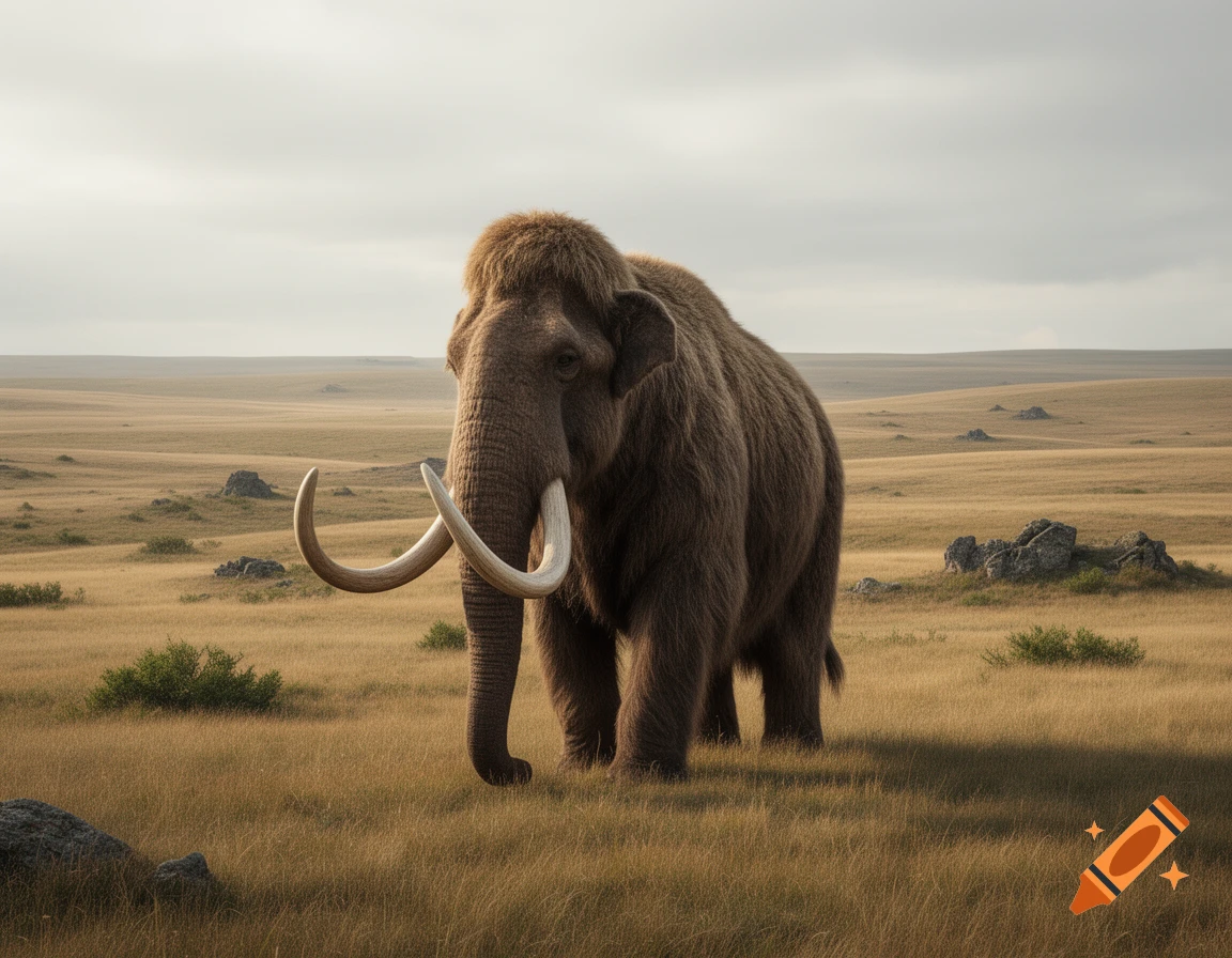 A majestic woolly mammoth with large tusks stands in a vast, dry grass steppe under a cloudy sky.