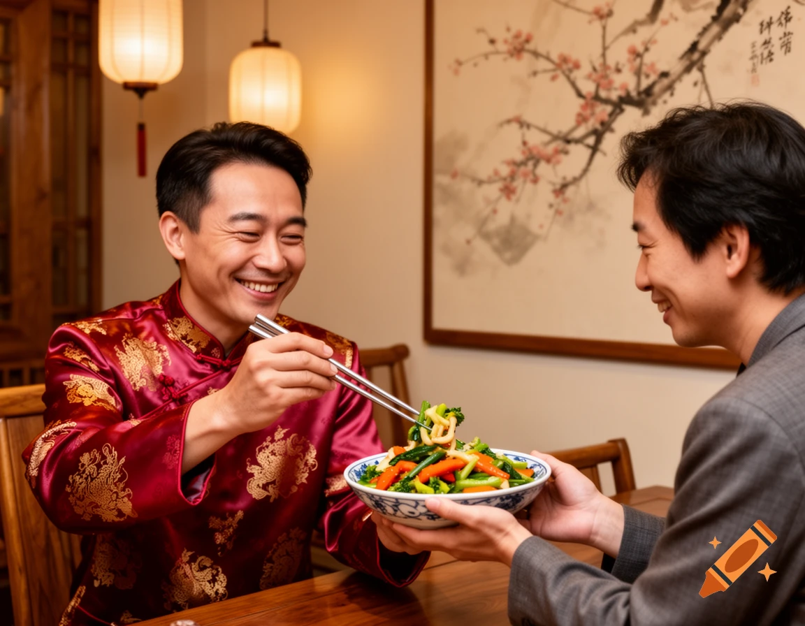 Two smiling Asian men, one in a red traditional top, sharing a bowl of stir-fried vegetables with chopsticks in a warmly lit restaurant.