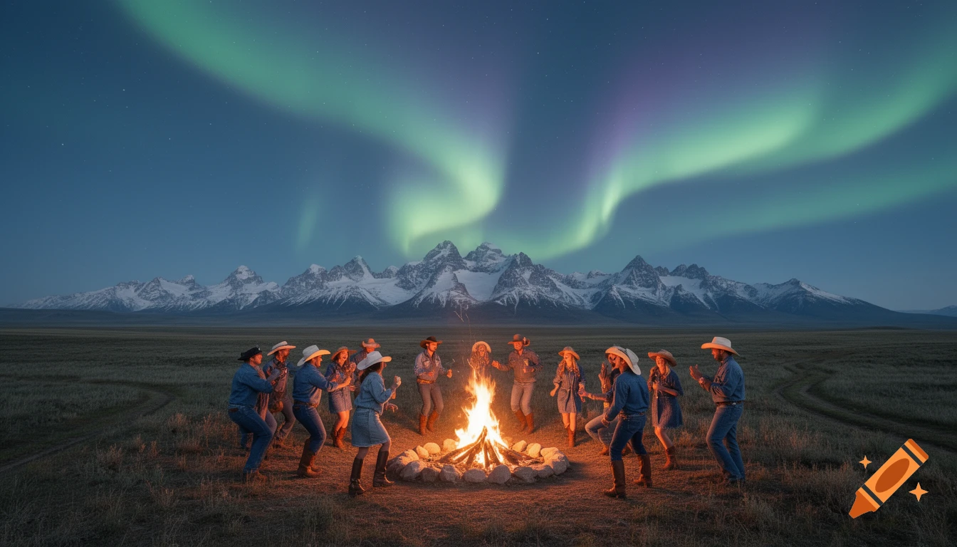 A group in cowboy hats dance around a campfire under green and purple Northern Lights, with snow-capped mountains in the background.