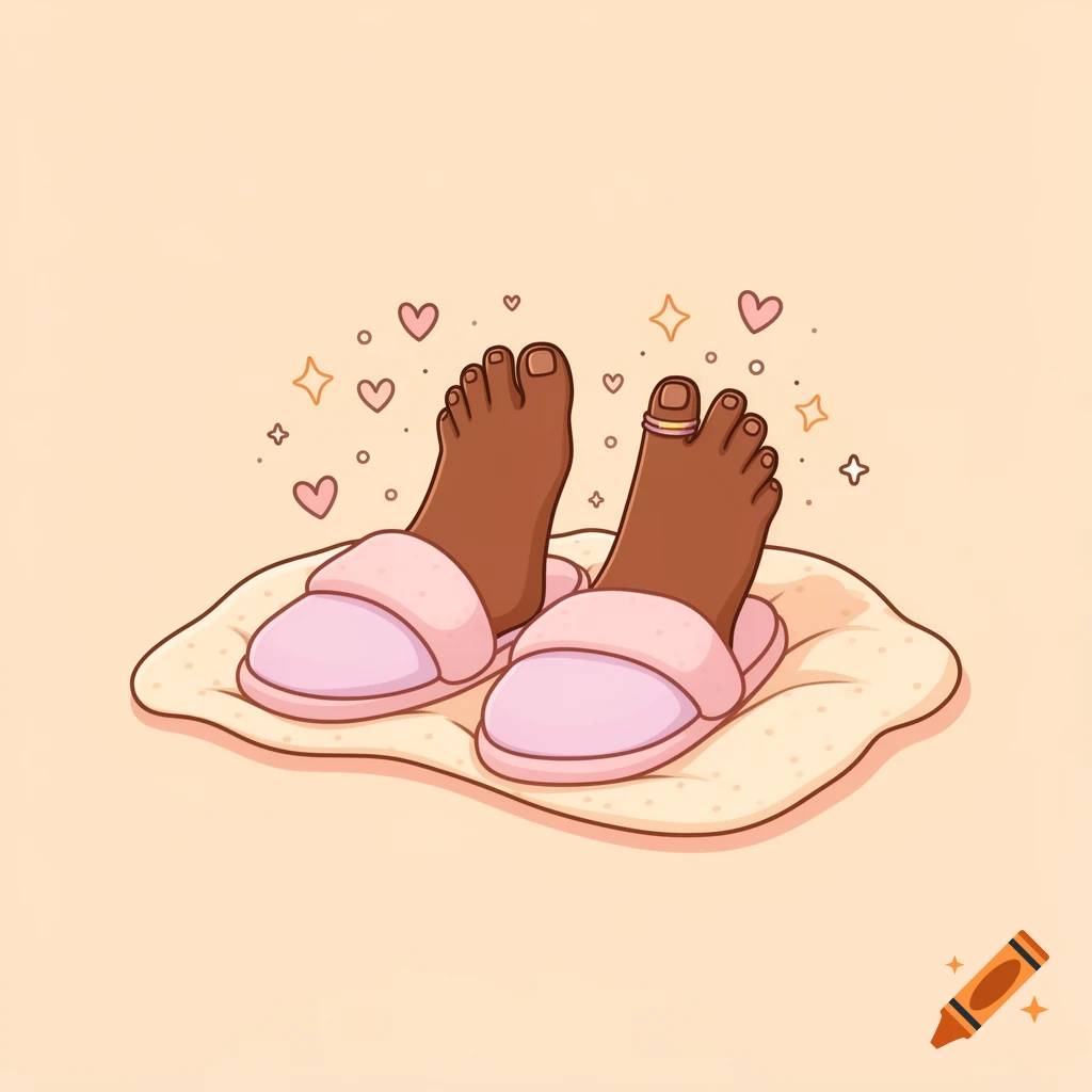 Cartoon-style drawing of brown-skinned feet in pink slippers, resting on a beige blanket, surrounded by hearts and sparkles. One foot has a toe ring.