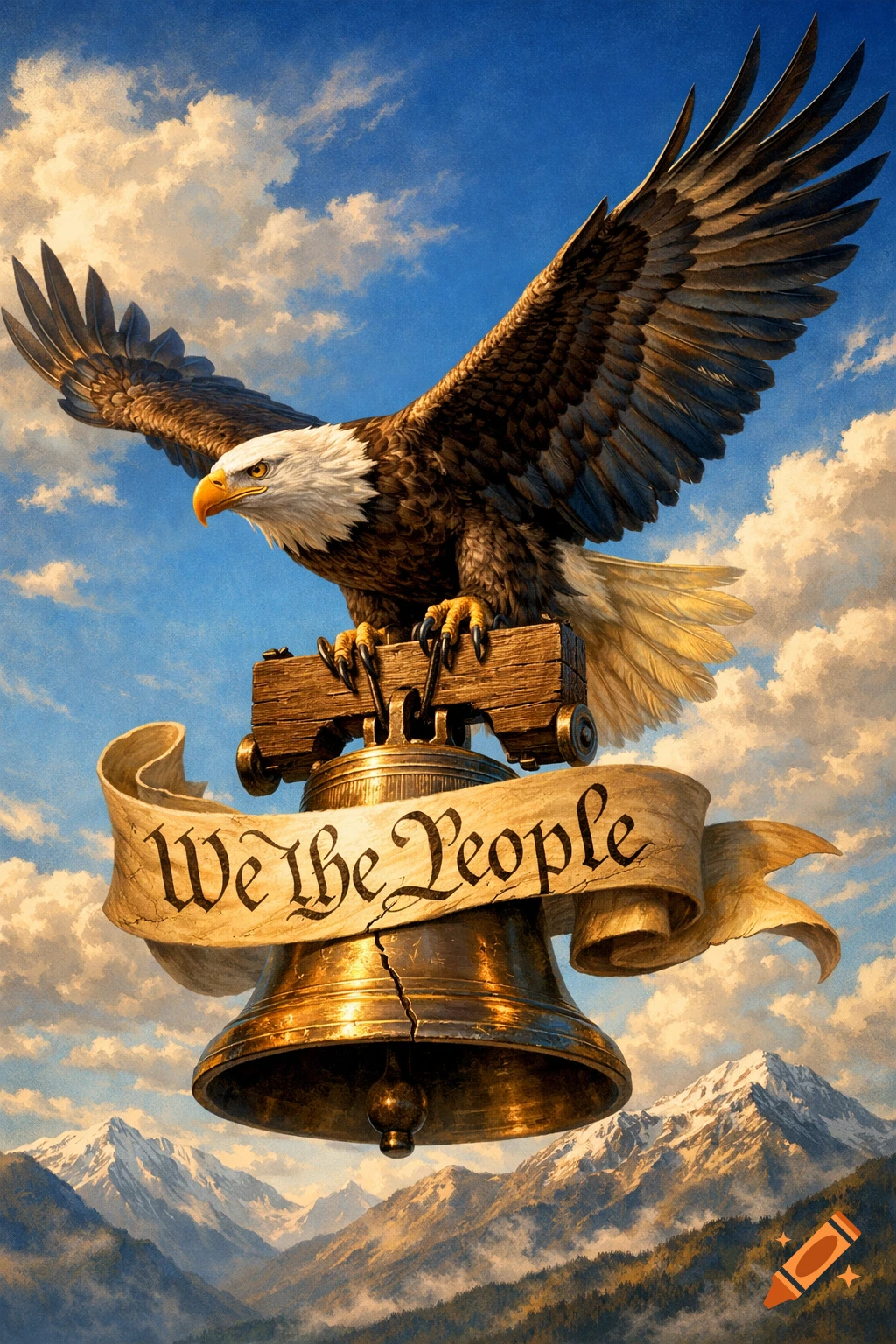 A majestic bald eagle holds the cracked Liberty Bell with a "We the People" banner, flying over mountains under a blue sky.