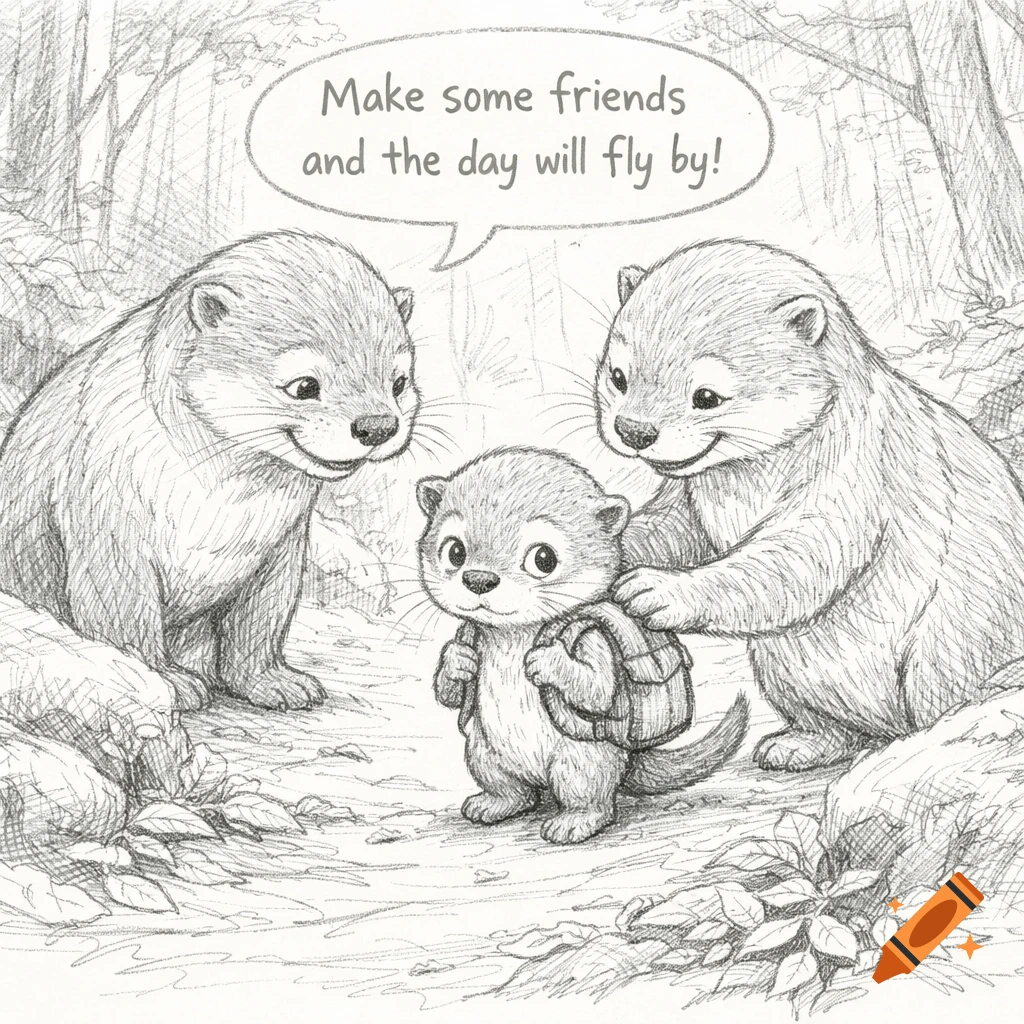 Pencil sketch of two adult otters smiling at a nervous baby otter with a backpack. A speech bubble says, 'Make some friends and the day will fly by!'