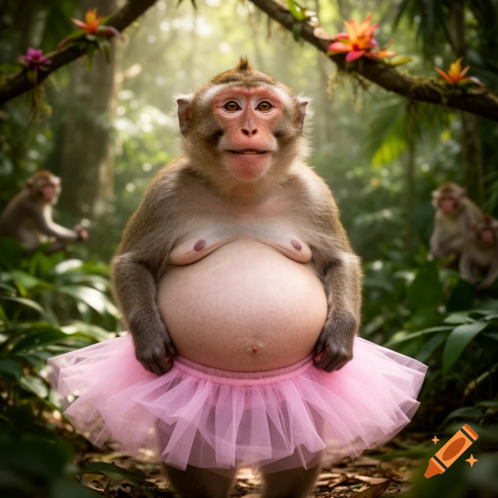 Photorealistic monkey with a large belly wears a pink tutu in a jungle, other monkeys in background.