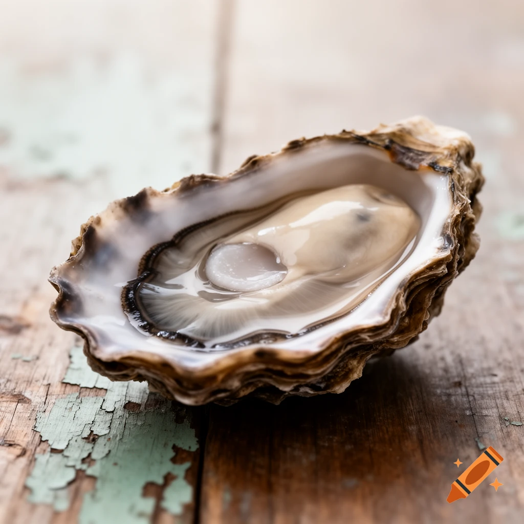 A single fresh oyster in its shell resting on distressed wooden planks, shot with a shallow depth of field.