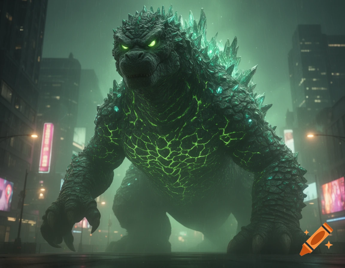 Radioactive green Godzilla with glowing crystals and bright eyes crouches on a foggy city street at night.