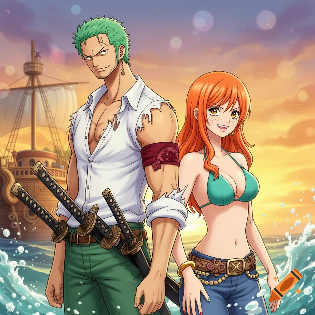 Anime characters Zoro and Nami from One Piece stand together by the sea at sunset, a ship in background.