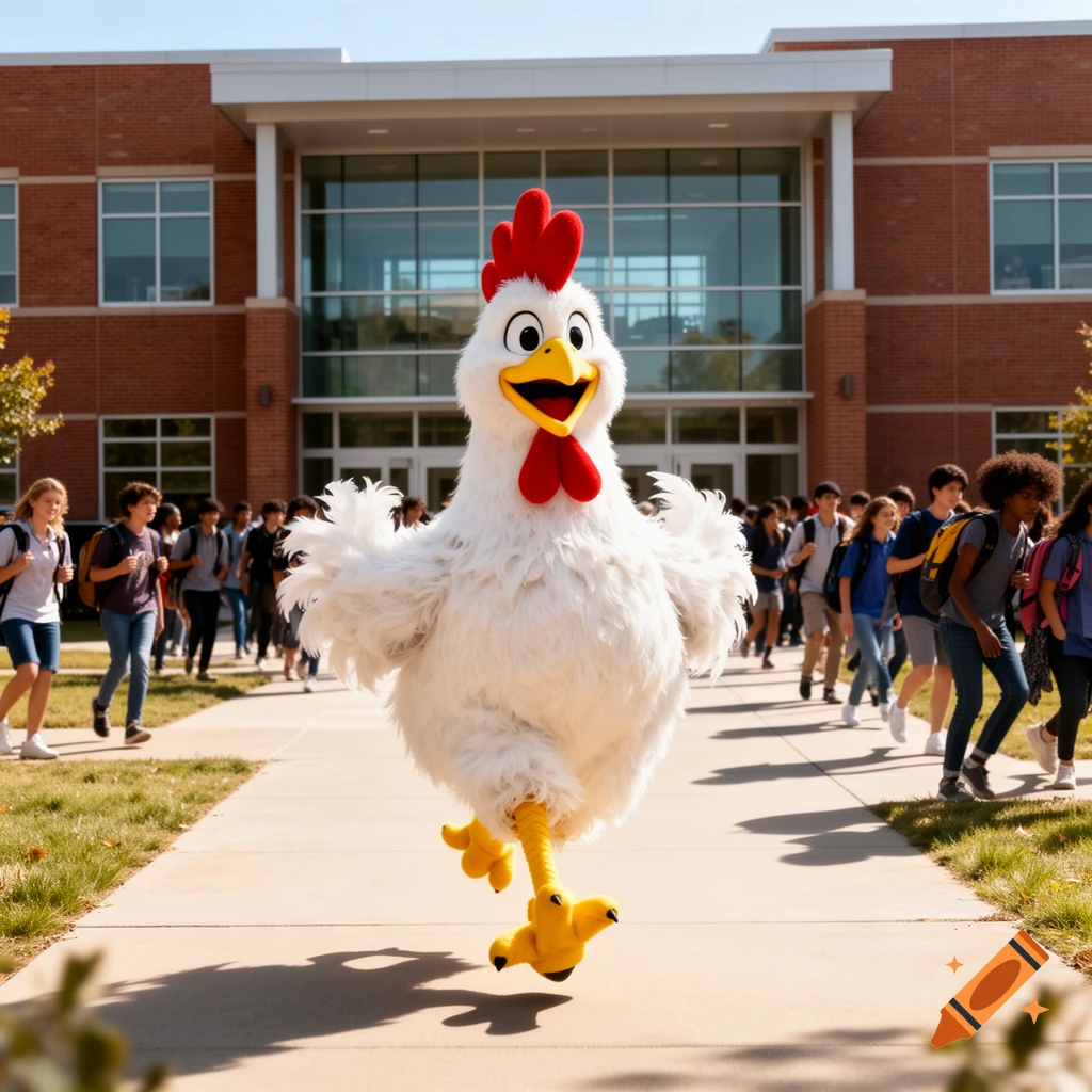 A large, fluffy white chicken mascot with a red comb and yellow beak runs down a sidewalk in front of a brick school building with students.