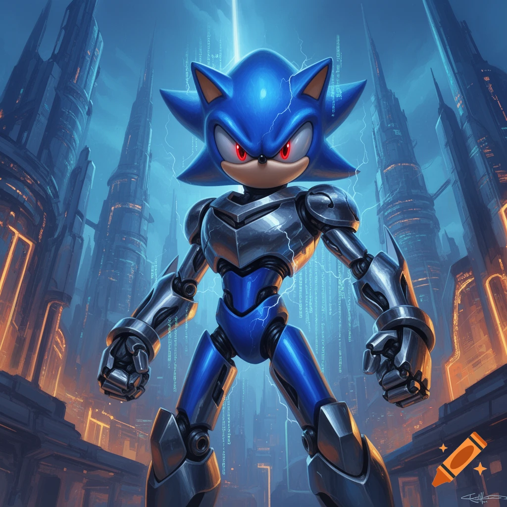 A powerful blue robot character with red eyes and spiky hair-like quills stands in a futuristic, neon-lit city at night. The robot has a metallic, armored body with blue and silver sections. Lightning bolts emanate from its body.