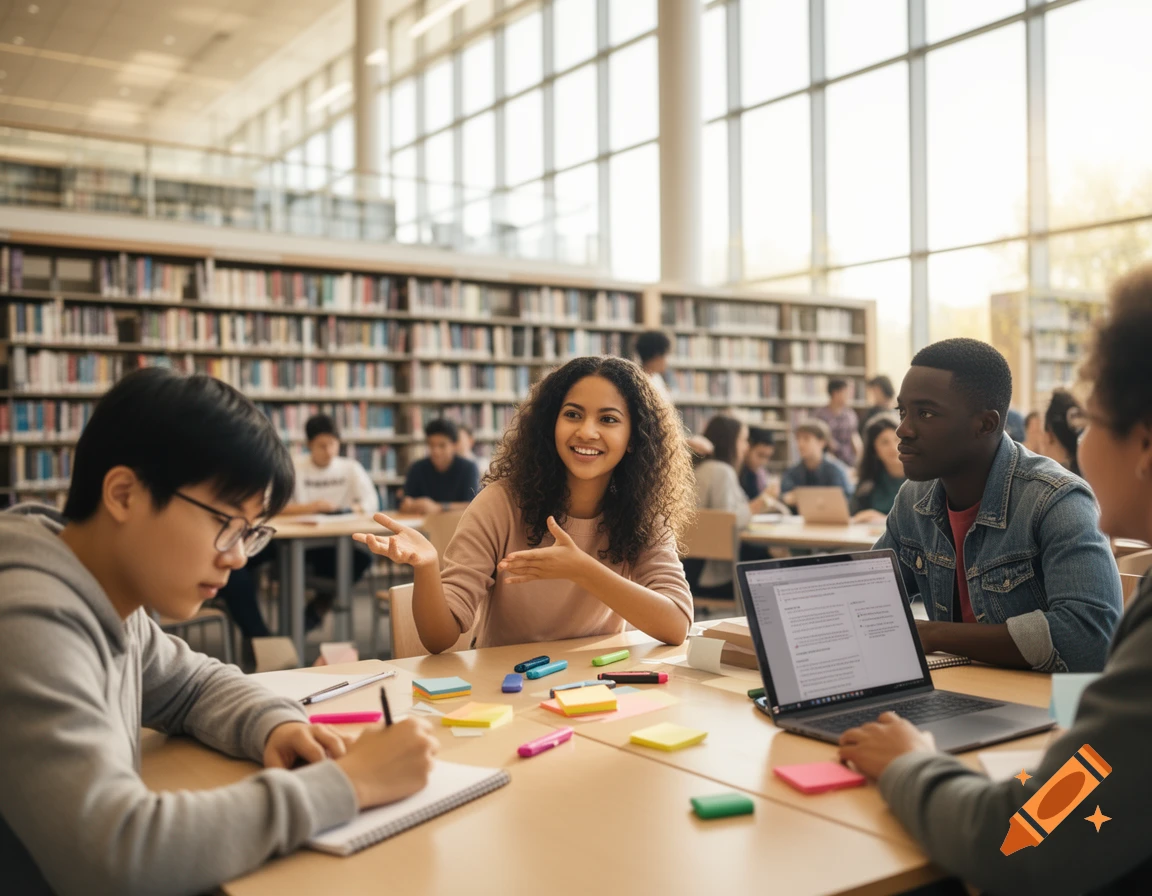 Students collaborate at a table in a bright library, surrounded by bookshelves. One student writes, another gestures while speaking, and a laptop is open.