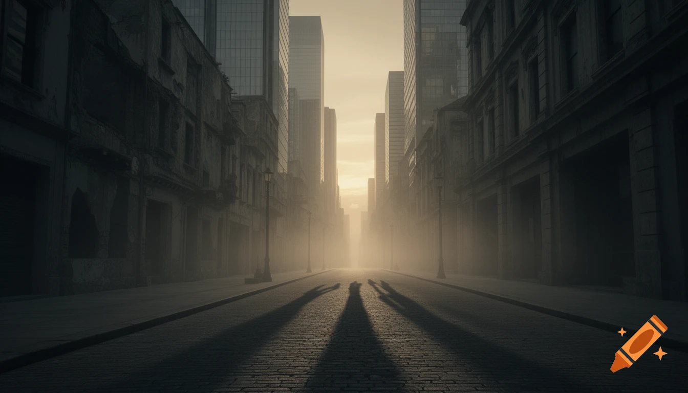 A deserted, misty city street at dusk, with towering modern buildings mixed with ancient structures, casting long shadows. Photorealistic.