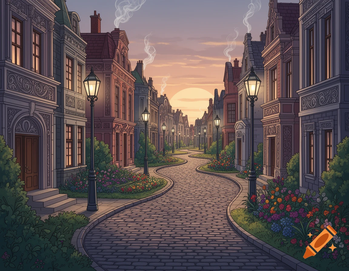 A stylized illustration of a winding cobblestone street lined with ...