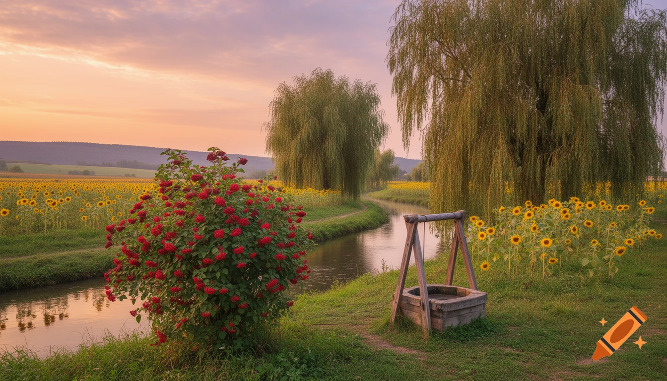 A serene landscape with a stream, fields of sunflowers, weeping willows, a red bush, and a wooden well under a soft sunset.