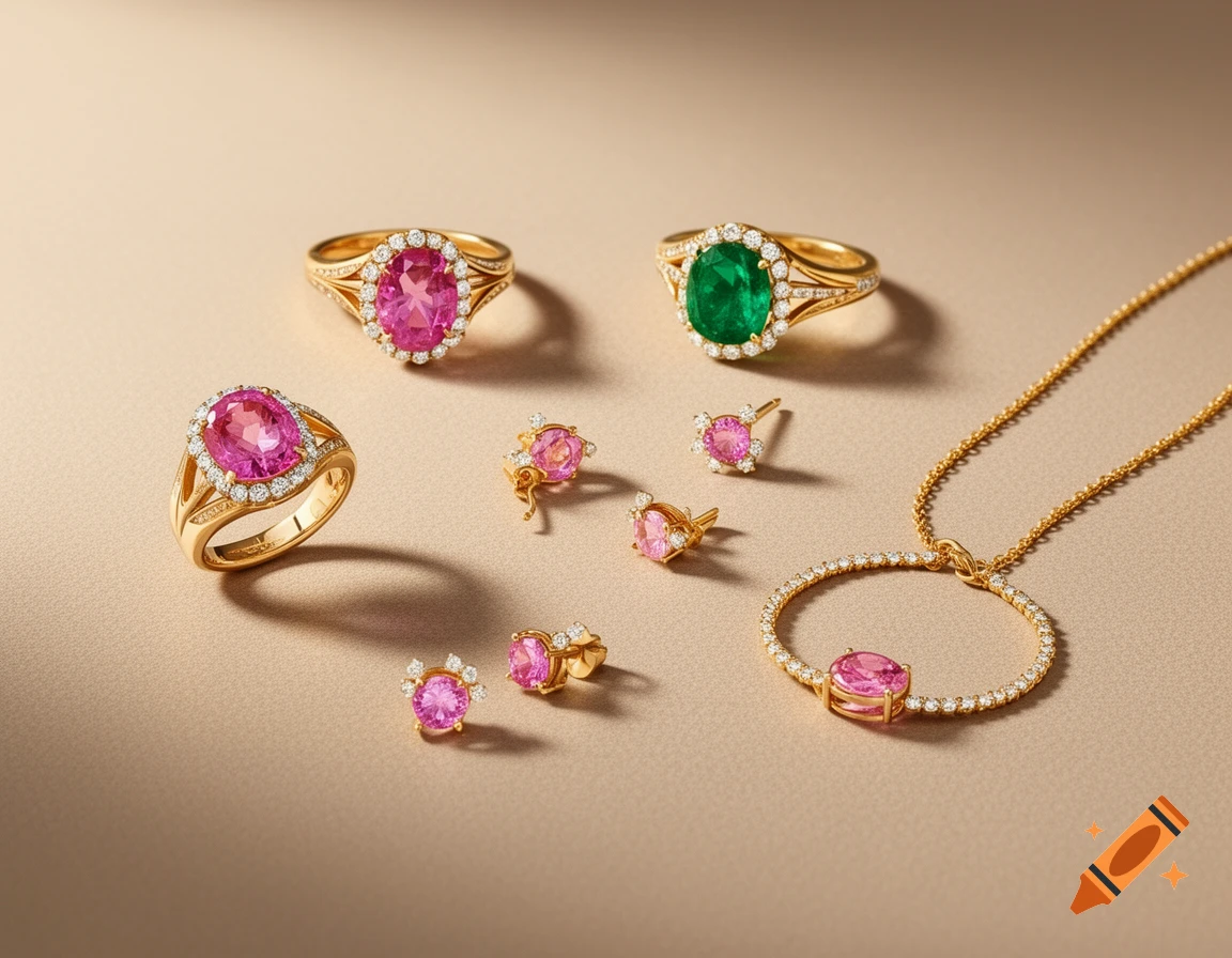 Luxurious gold jewelry flat lay with pink sapphire and emerald rings, diamond earrings, and a diamond-encrusted necklace on a neutral background.