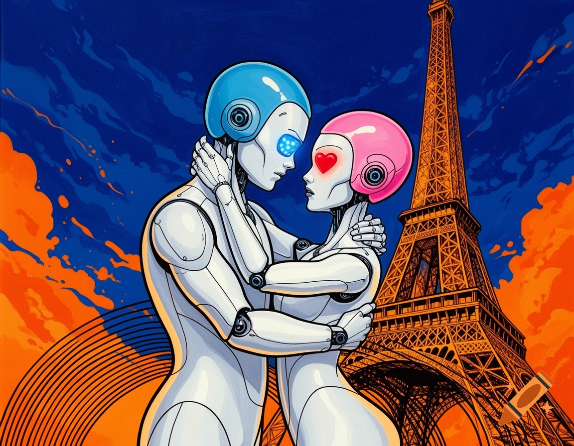 Pop art illustration of two humanoid robots embracing lovingly in front of the Eiffel Tower under an electric blue and orange sky.