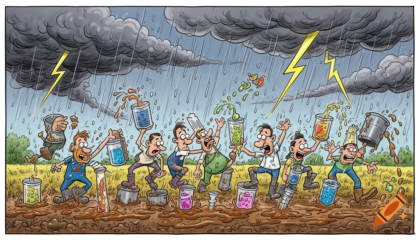A cartoon depicts a line of men comically struggling to collect samples in a muddy field during a thunderstorm, holding various inappropriate containers as rain and lightning strike.