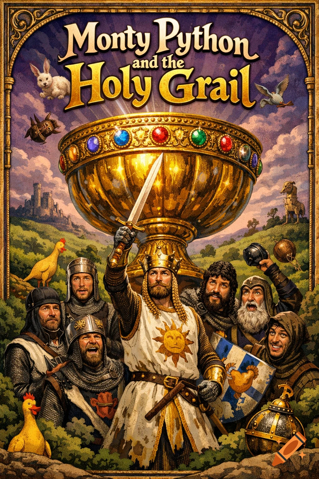 Movie poster for Monty Python and the Holy Grail: King Arthur and knights with a golden grail, castle, rabbit, chickens in an illustrative style.