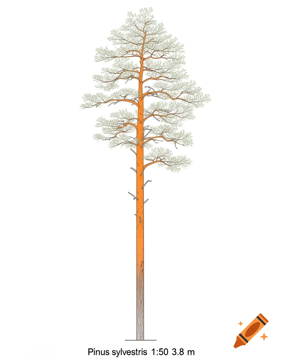 Architectural illustration of a Scots Pine (Pinus sylvestris) with orange trunk and sparse green foliage, labeled '1:50 3.8 m'.