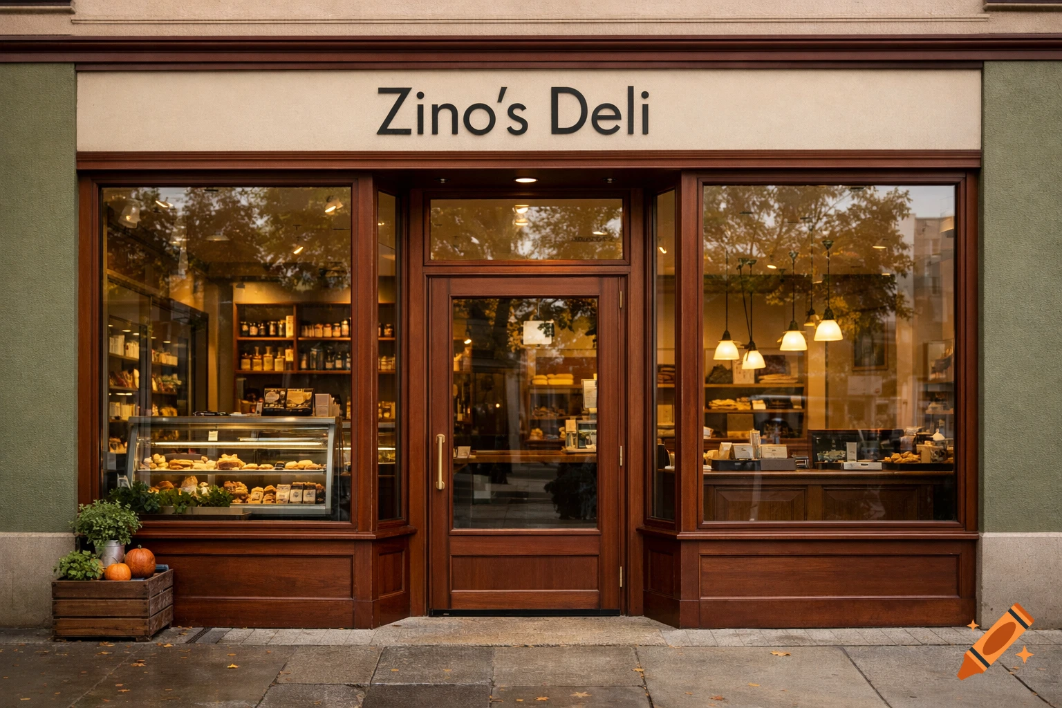 Photorealistic exterior of 'Zino's Deli' with a warm wooden facade, glass display windows, and small pumpkins on the sidewalk.