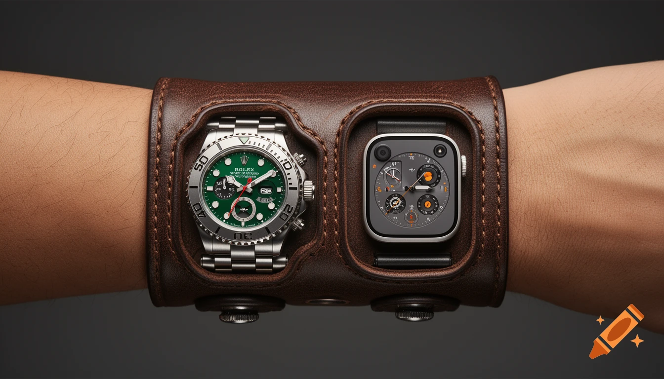 A person's arm wearing a brown leather cuff holding a silver Rolex Yacht-Master with a green face and an Apple Watch Ultra side by side.