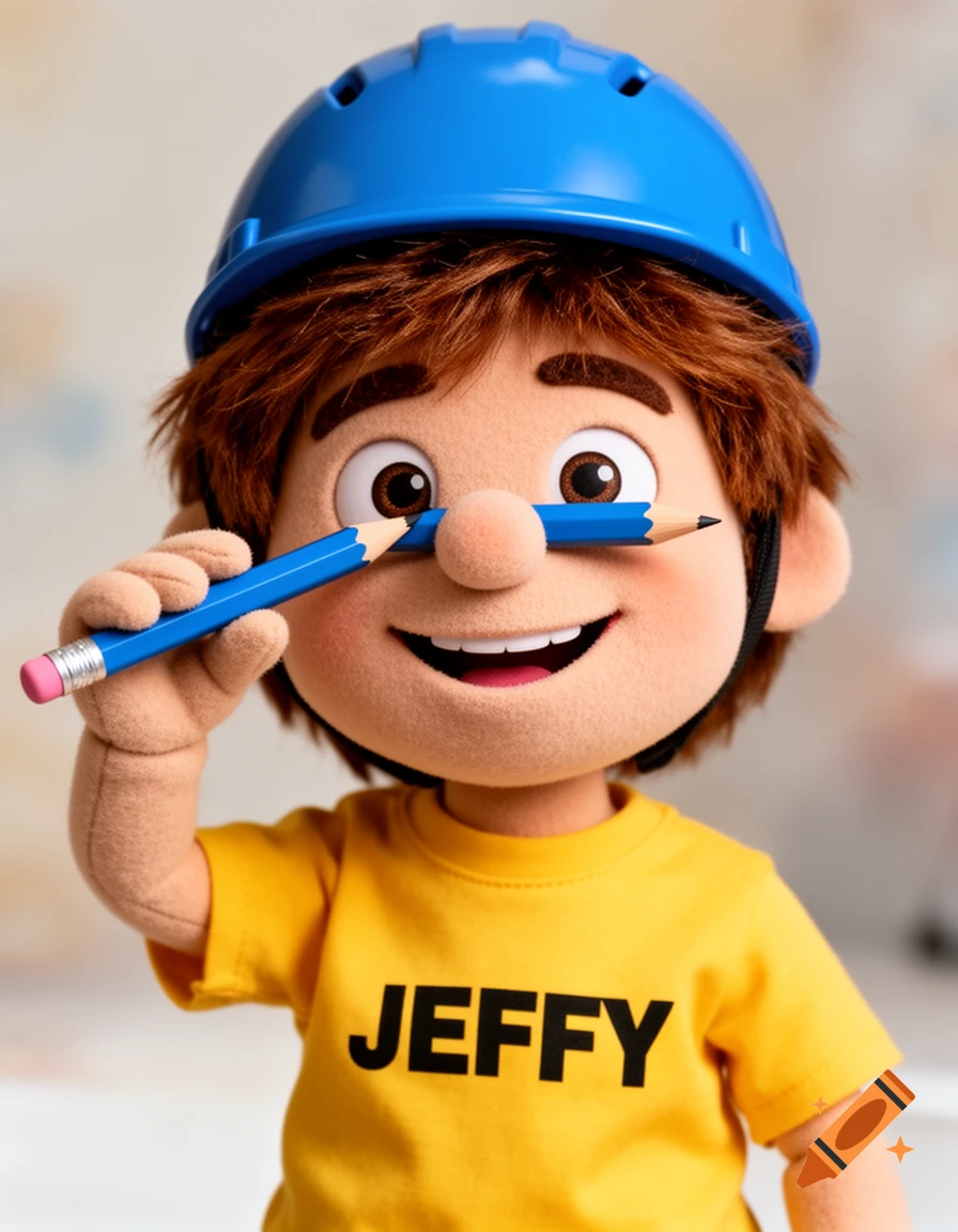 A smiling cartoon puppet character named Jeffy, wearing a blue hard hat and a yellow t-shirt, balancing a blue pencil on his nose.