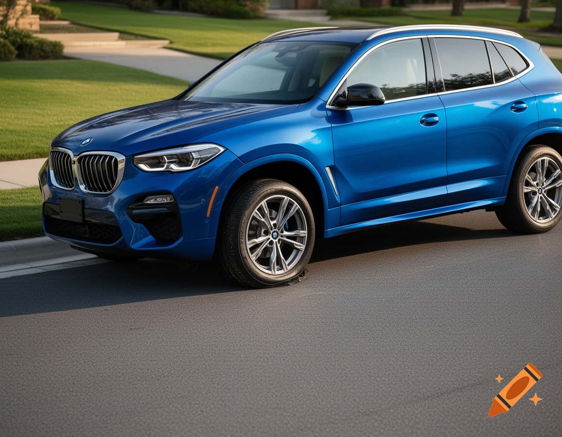 A blue BMW SUV is parked on an asphalt road with a green lawn and sidewalk in the background under daylight.