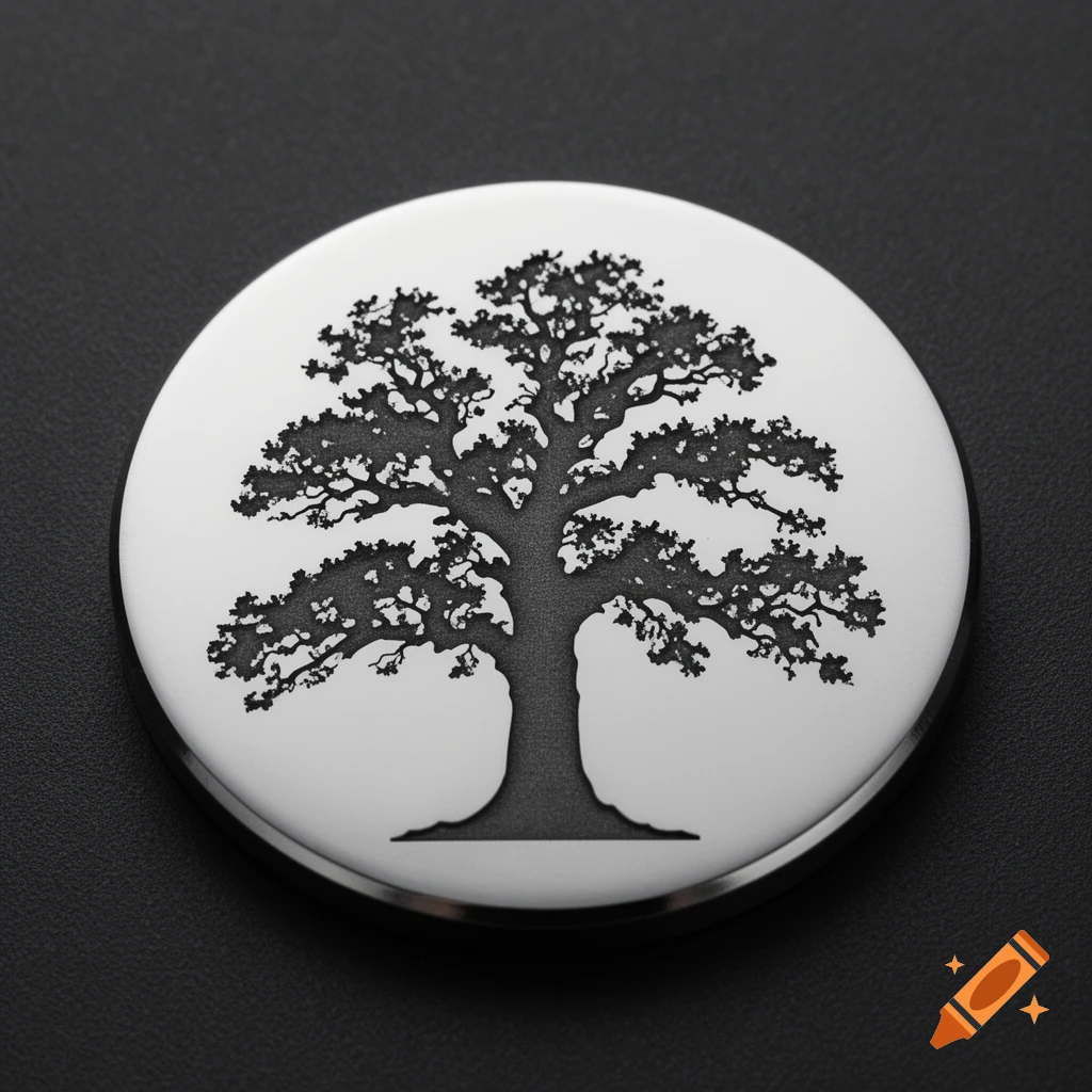 Black silhouette of an oak tree with detailed branches on a round, shiny white disc against a dark background.