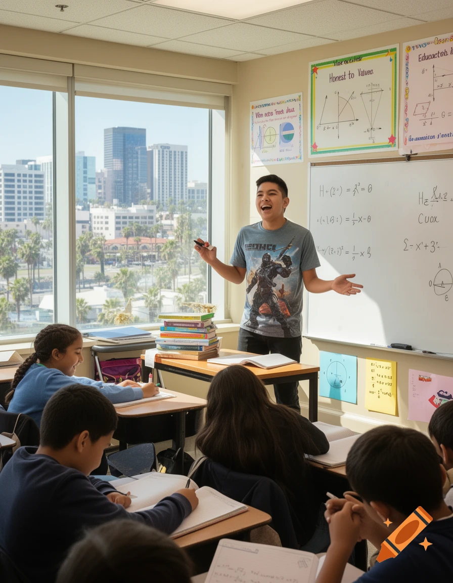 A young male teacher enthusiastically explains mathematics on a whiteboard to a diverse group of students in a modern, bright classroom with city views outside large windows.