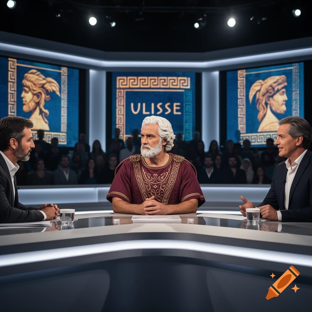 Three men on a talk show set, one with white hair and ancient robes, debating under screens displaying 'ULISSE' and classical busts.