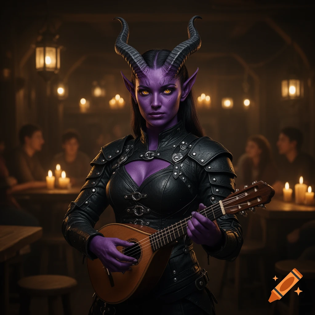 A purple-skinned female tiefling with horns and golden eyes, wearing black leather armor, plays a mandolin in a dimly lit tavern.