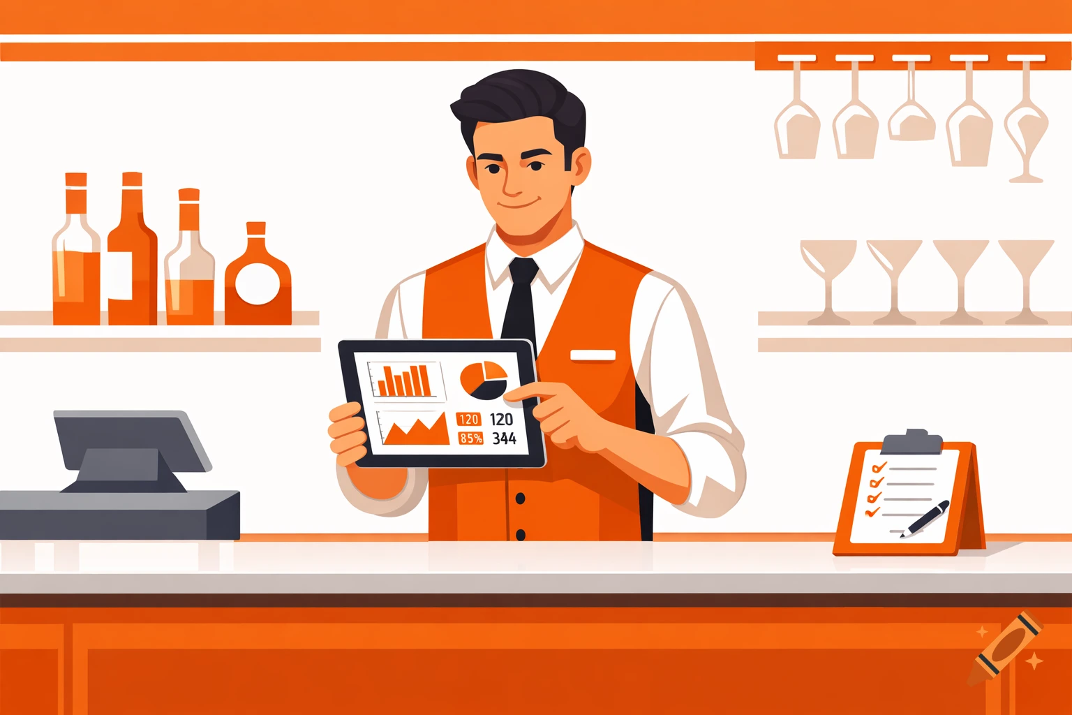 A male restaurant manager in flat design style holds a tablet showing an inventory dashboard with charts at a bar counter.