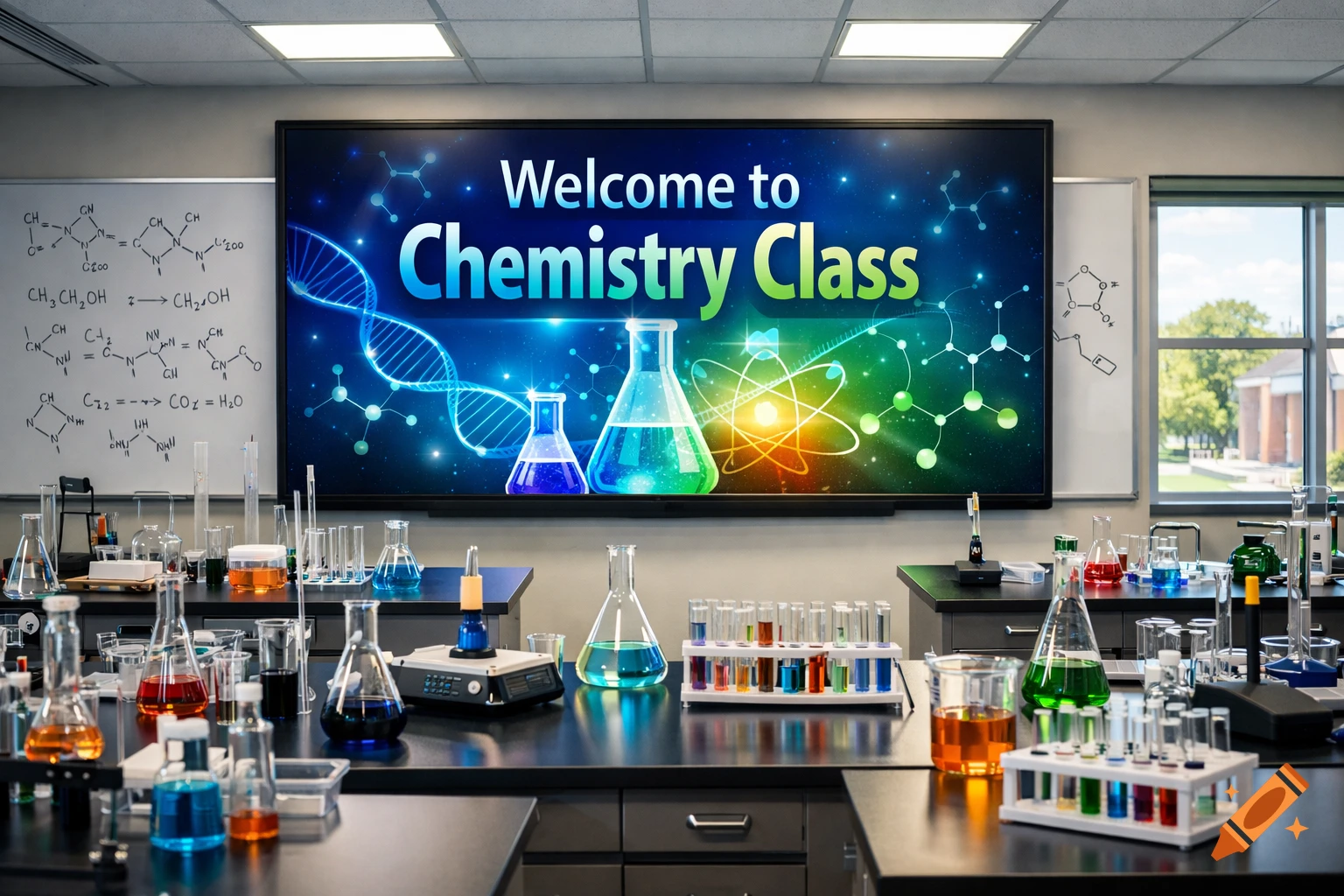 A vibrant chemistry classroom with colorful beakers and flasks on dark lab benches, and a large screen displaying 'Welcome to Chemistry Class'.