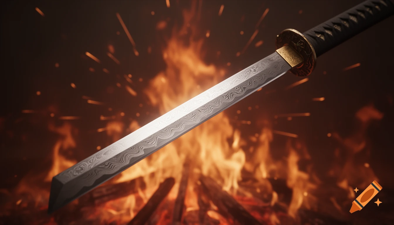 A close-up of a Damascus steel blade sword against a fiery background with sparks, illuminated dramatically.