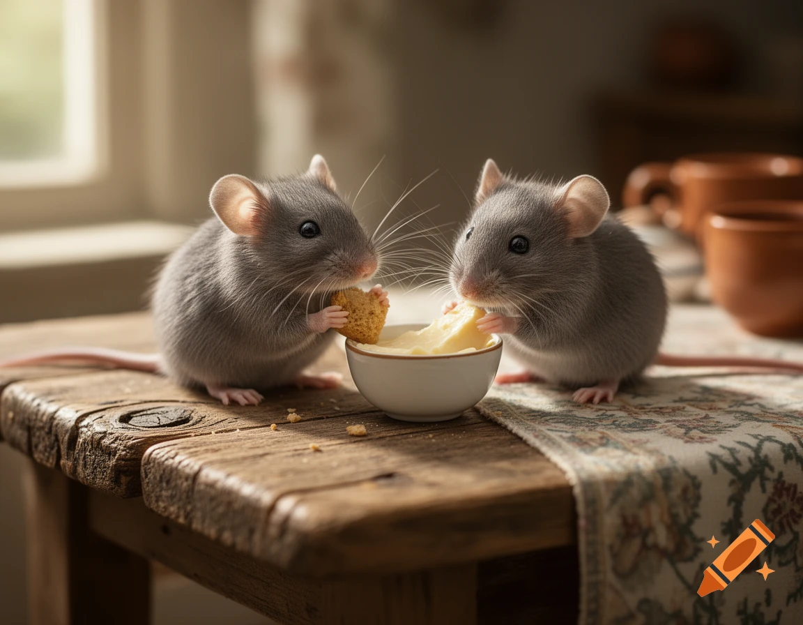 Two photorealistic grey mice eating a biscuit and cheese from a bowl on a rustic wooden table.
