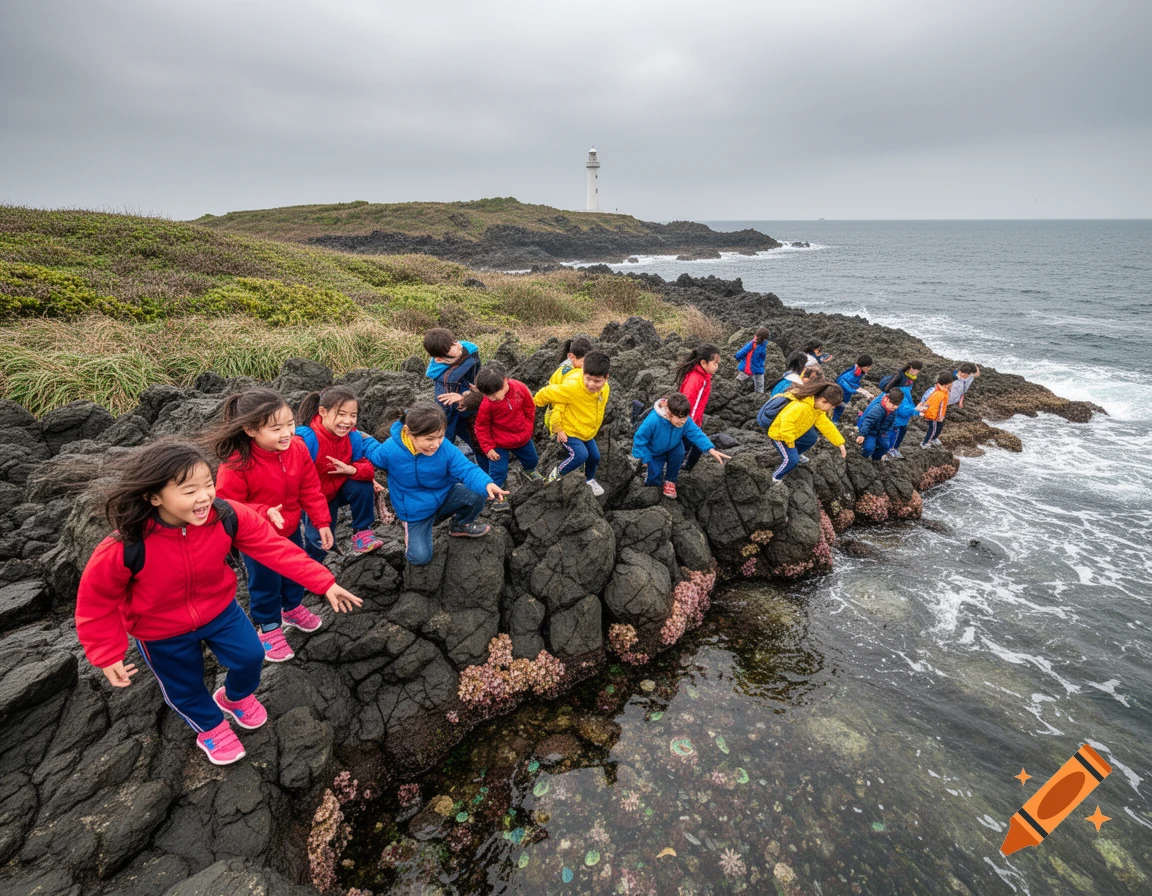 Group of smiling children in colorful jackets exploring a rocky coastline near the ocean with a distant lighthouse.
