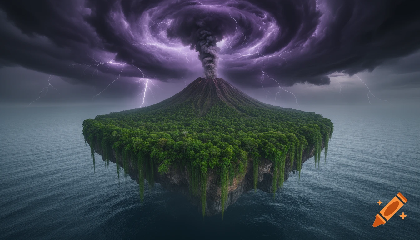 Photorealistic floating island with an erupting volcano and forest under a swirling purple lightning storm over a dark ocean.