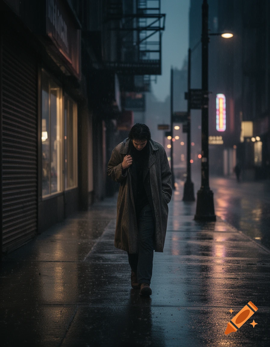A lone man in a trench coat walks down a dark, wet city street reflecting neon lights during a moody rain shower.