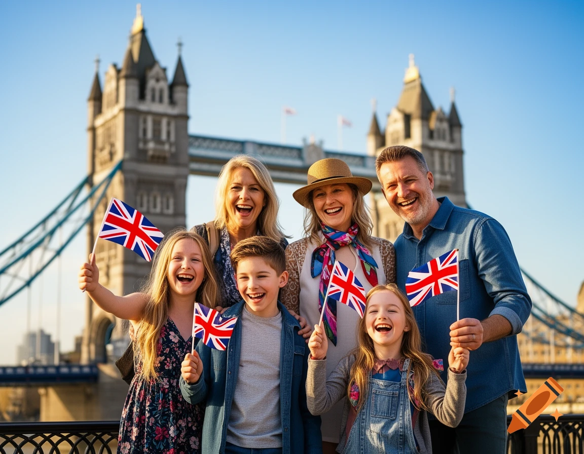 A smiling family holding Union Jack flags in front of London's Tower Bridge, enjoying their trip.