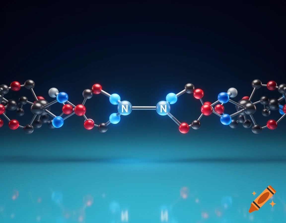 3D rendering of a molecular chain with a central bond between two glowing blue 'N' atoms, surrounded by red, black, and blue atoms.