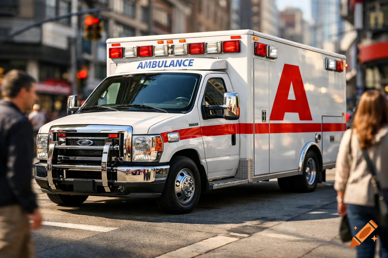 A white ambulance with blue 'AMBULANCE' text and a large red 'A' on its side drives on a city street.