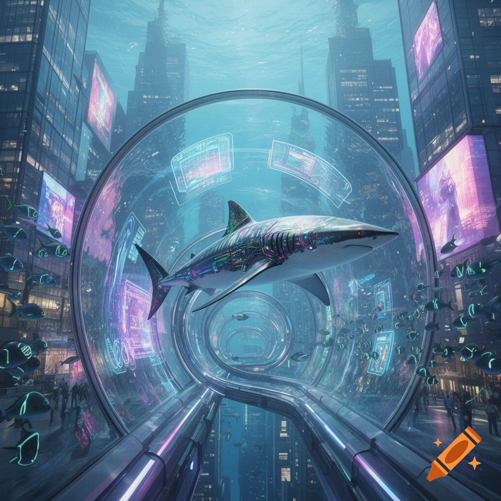 A futuristic shark with circuit patterns swims in a glass tunnel within a neon-lit underwater city.
