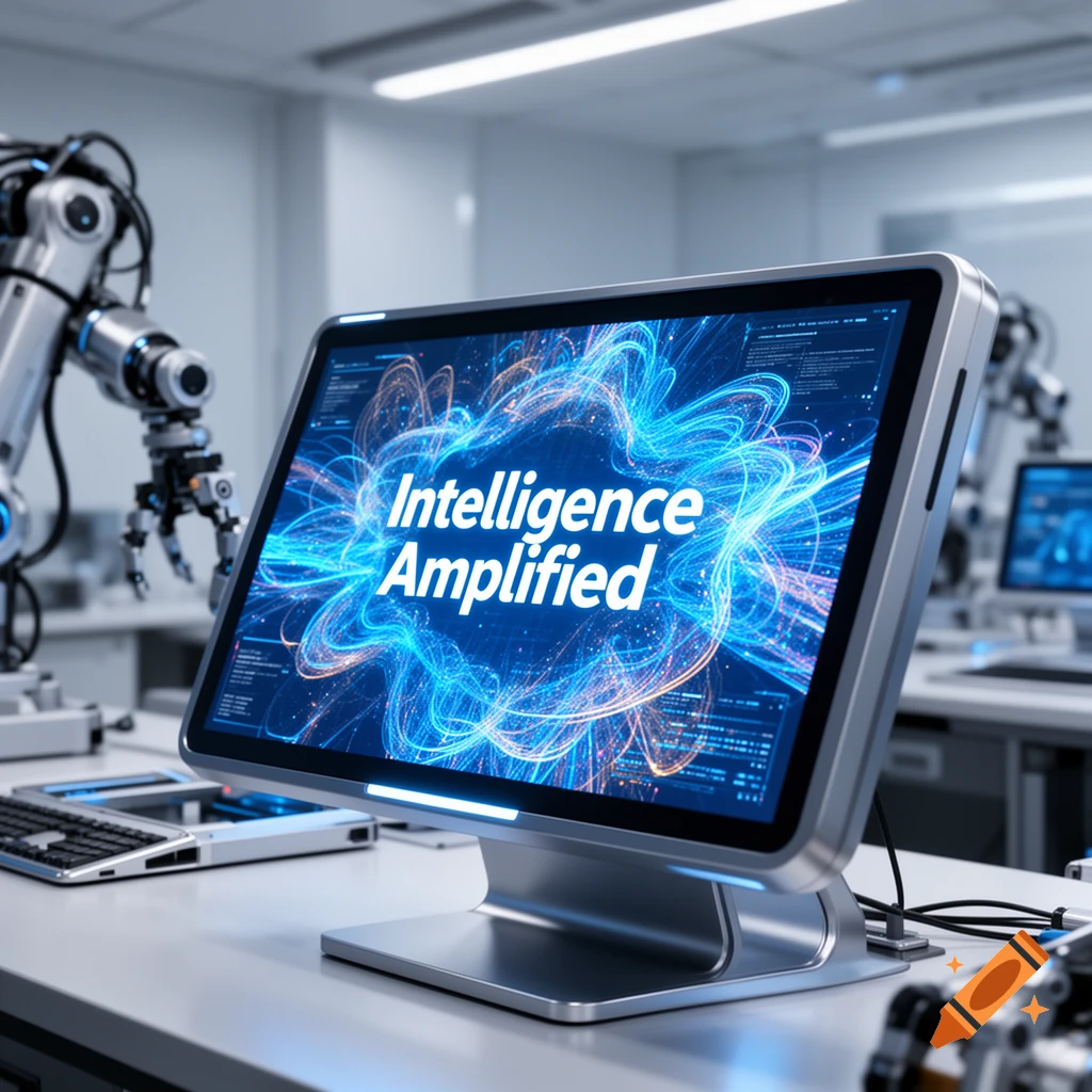 A close-up of a monitor displaying "Intelligence Amplified" over an abstract light pattern, with robotic arms in a lab background.