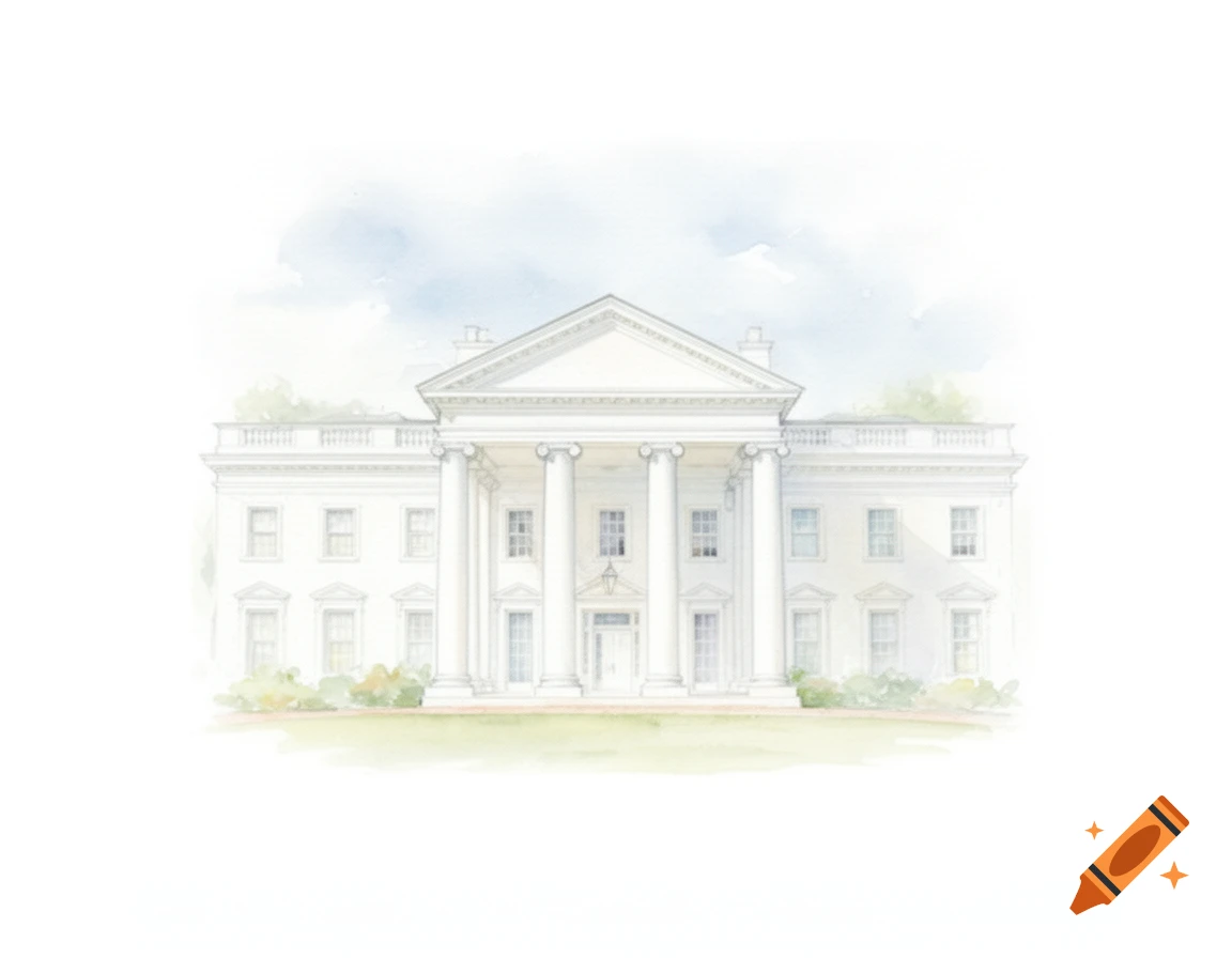 Soft watercolor painting of a white classical mansion with columns, set against a subtle sky wash.