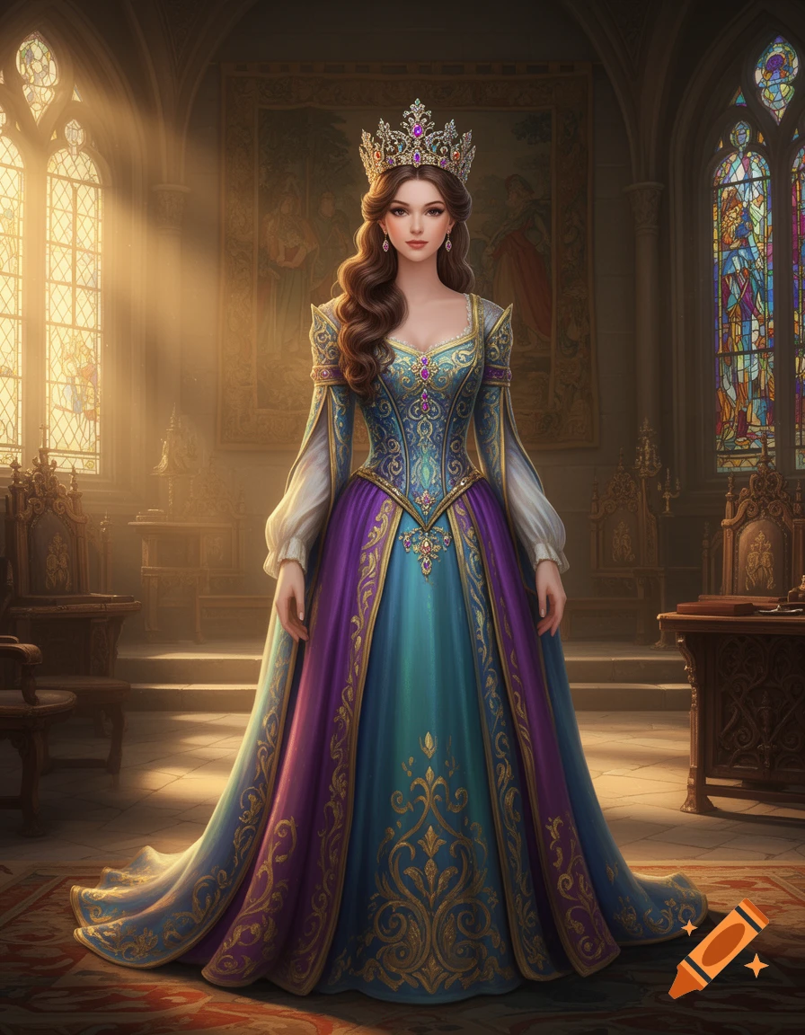 A beautiful queen with a jeweled crown stands in a grand castle hall, wearing an elaborate purple, blue, and gold gown.