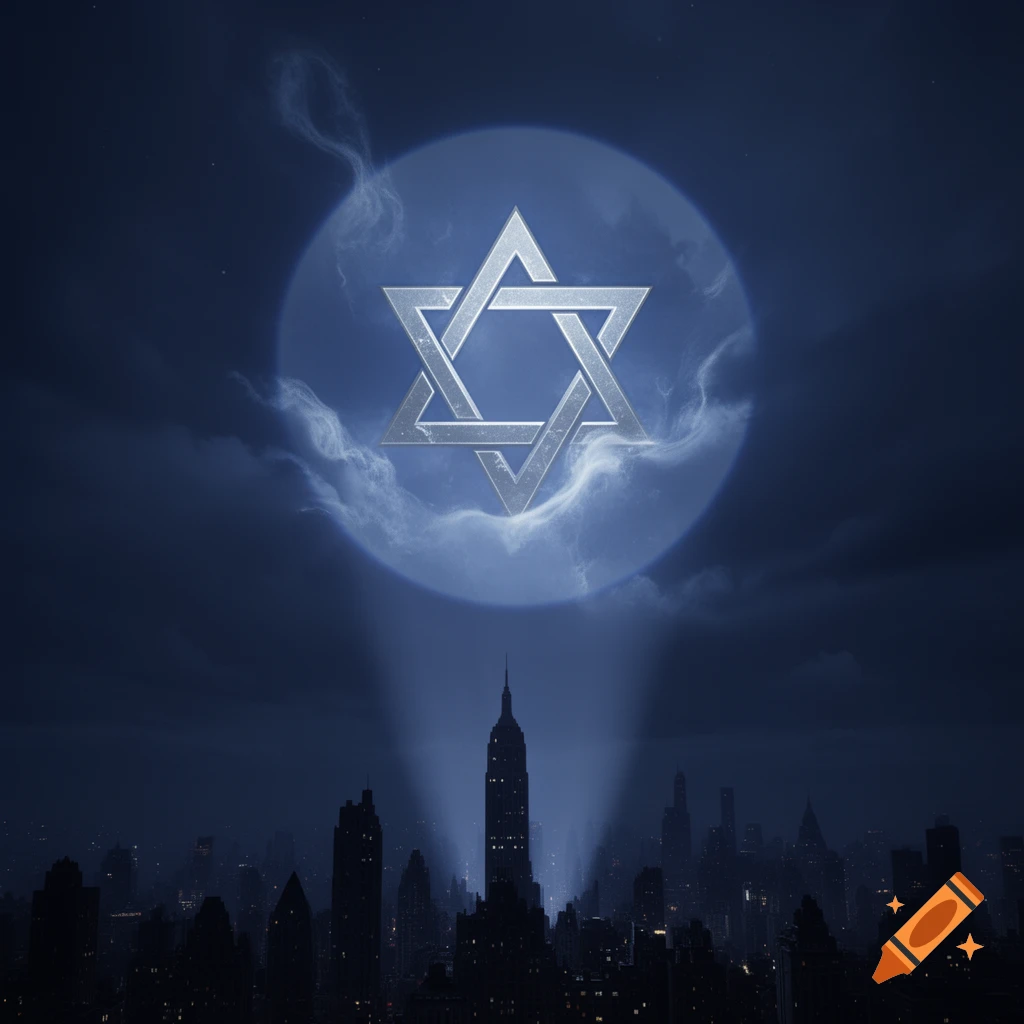 A glowing Star of David projected onto a dark, cloudy night sky above a silhouetted city skyline.